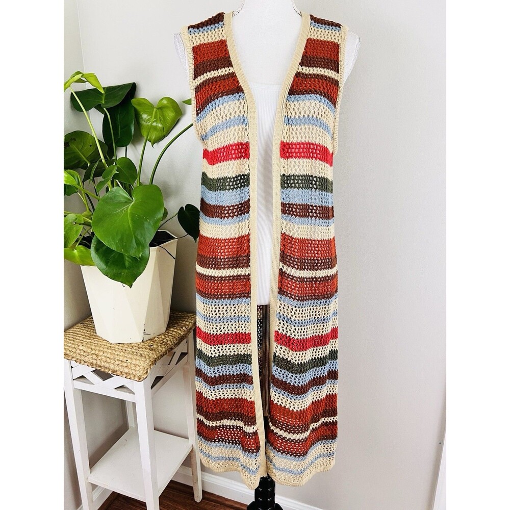 Cato Est 1946 Colorful Earthy Striped Open Knit Long Duster Cardigan Boho Size L